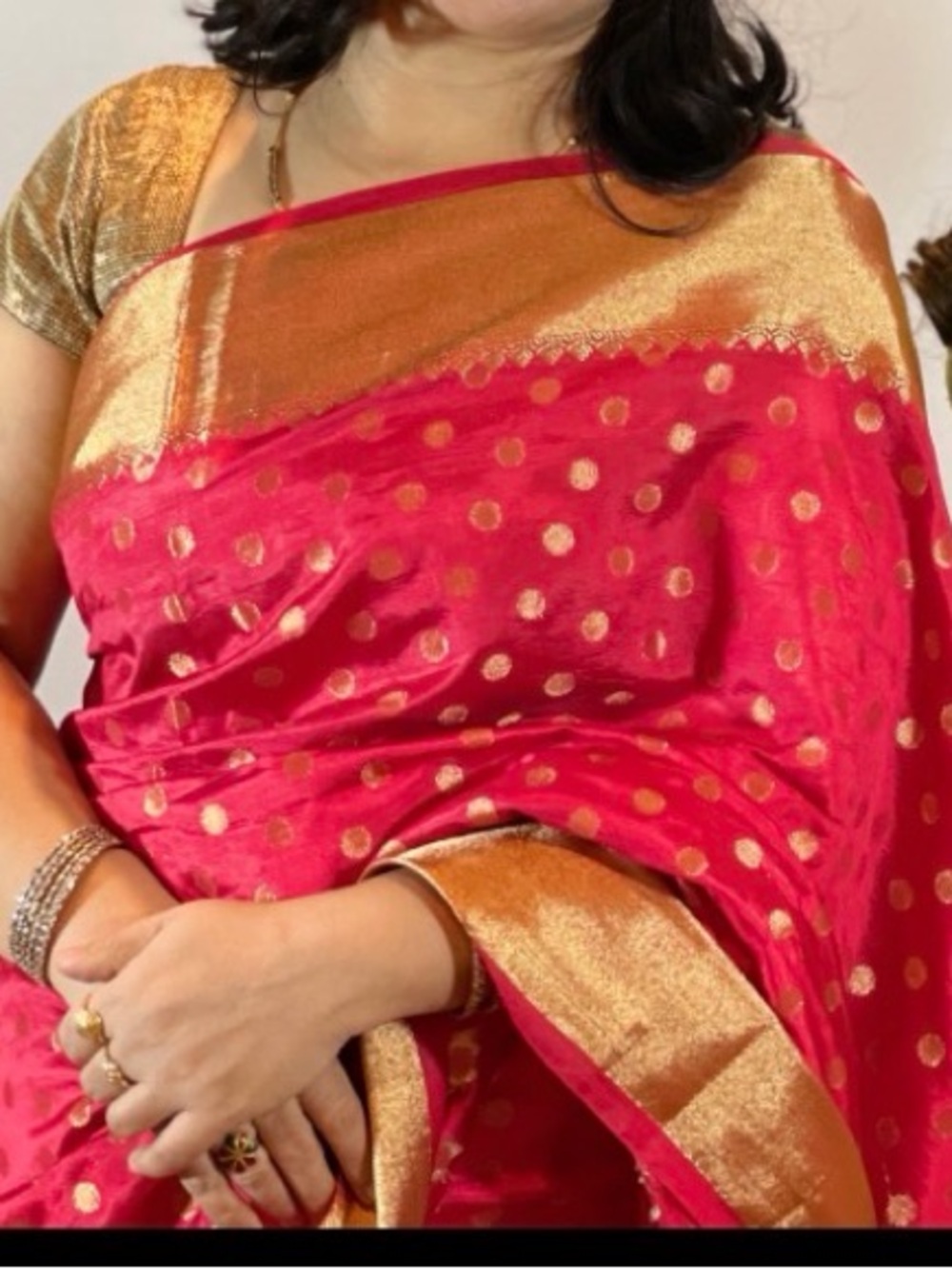 Bright Red and Gold Zari Polka Dot Silk Sari with blouse(S/M)